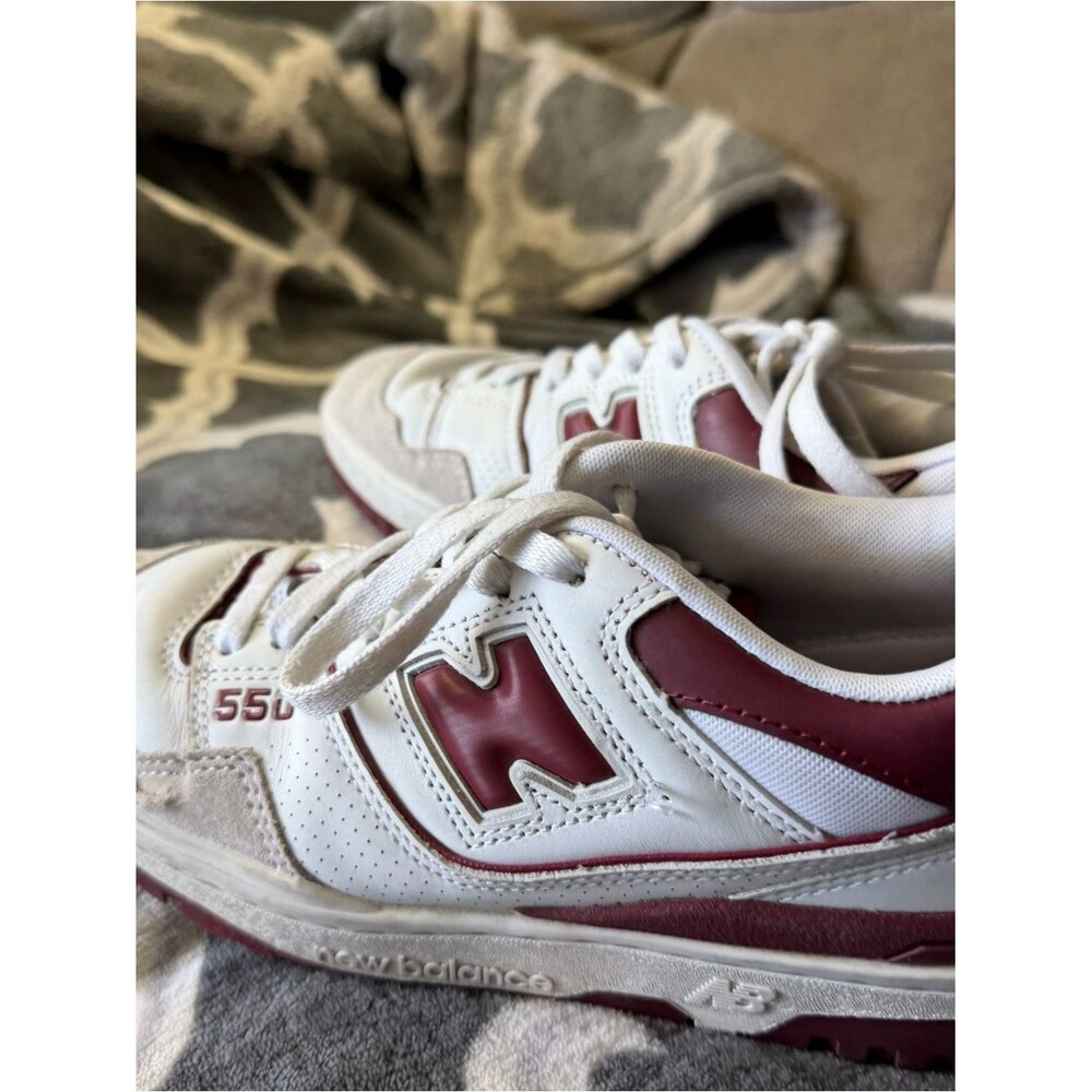 New Balance White and Burgundy Retro 550 Sneakers